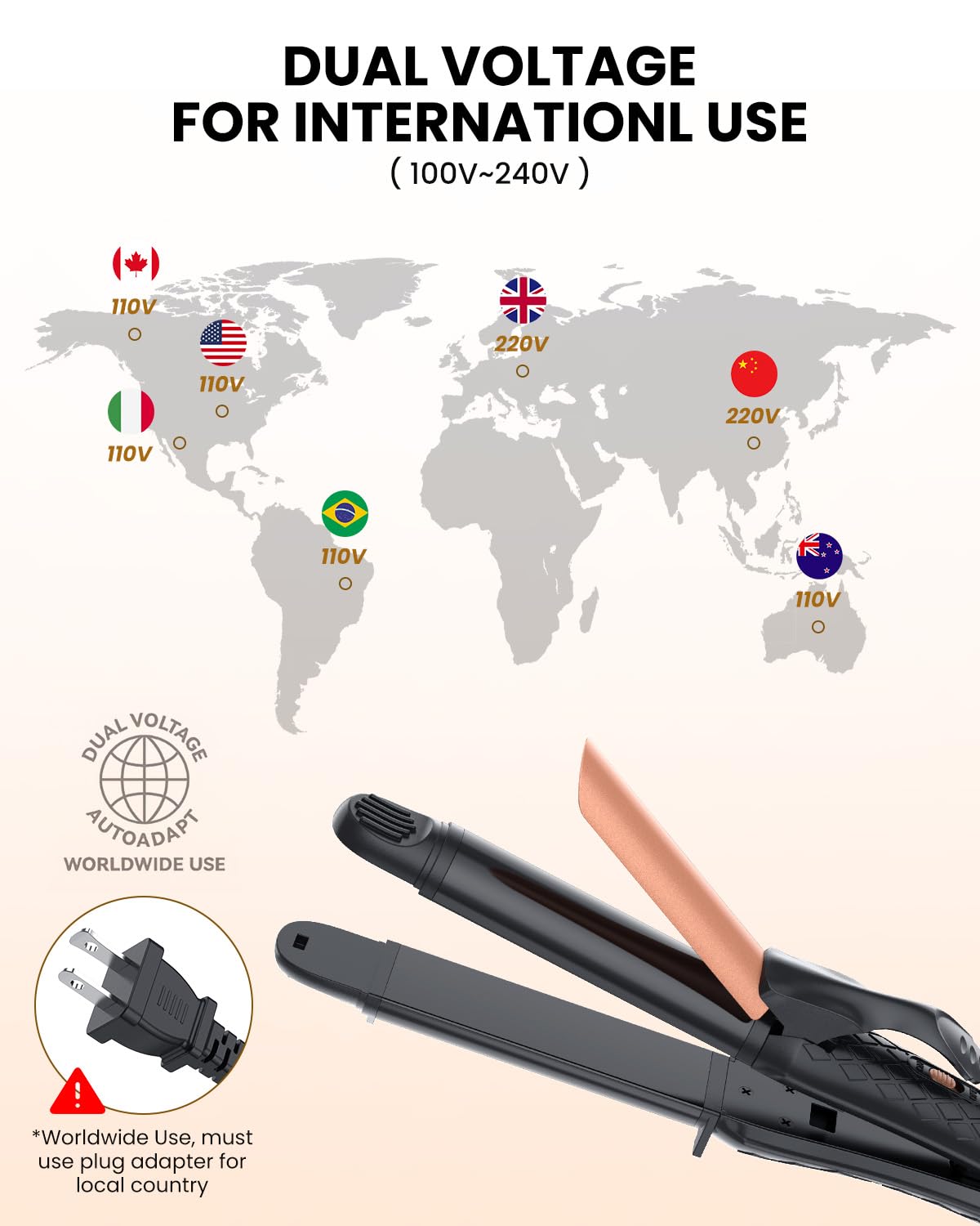 Dual Voltage Curling Iron 2-in-1 Curling Iron 1 Inch,(100V~240V) Dual Voltage Hair Straightener Travel CurlingIron European Flat Iron(Black)