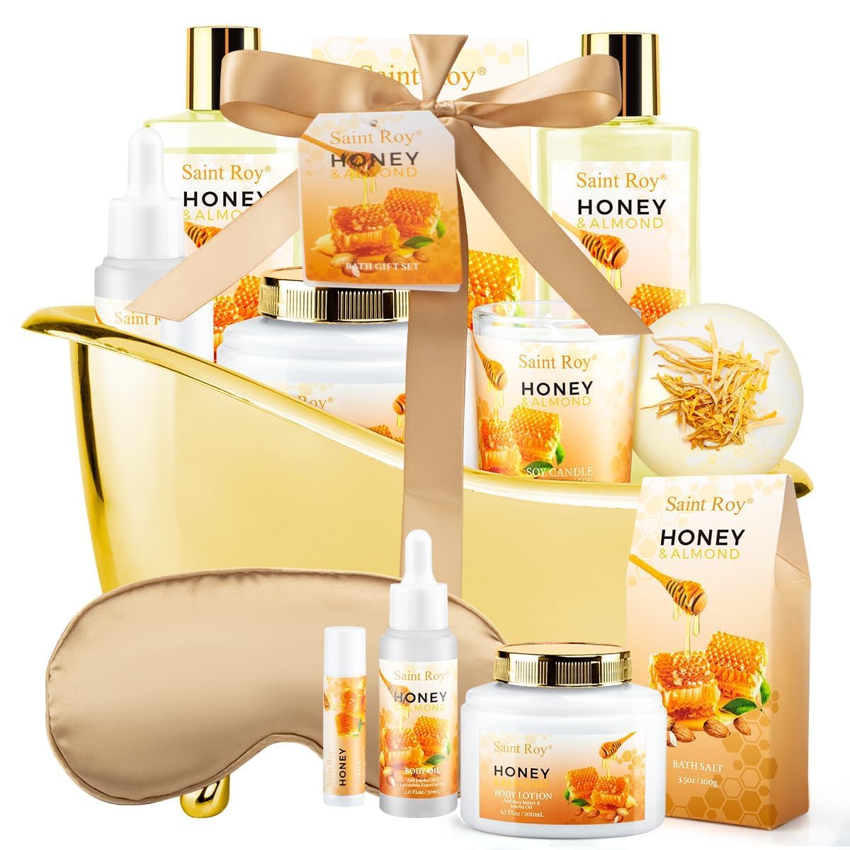 Bath & Body Gift Set, Luxury Home Spa Bath Gift Basket, Honey Almond Scented Bath Set, Pamper Gifts for Women Birthday gifts & Teens, Christmas Spa Gift, Home Spa Gifts for Women Men Dad