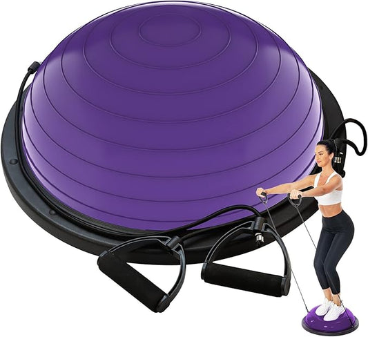 Balance Ball Trainer-Half Ball for Yoga with Resistance Band and Foot Pump, Improve Workout Half Balance Ball,Exercise Balance Ball for Stability Training and Home Gym