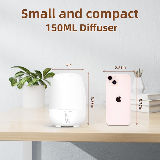 150ML Cordless Essential Oil Diffuser, Built-in 6000mAH Rechargeable Battery, 7-Hour Runtime, 7 LED Color Changing Lights