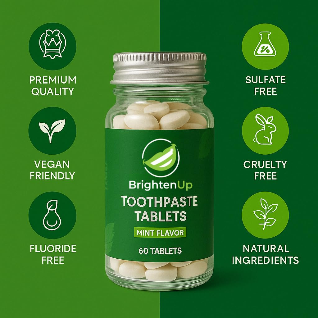 BrightenUp Toothpaste Tablets – Natural Whitening with Nano-Hydroxyapatite, Xylitol & Peppermint | Chewable, Fluoride-Free, Plastic-Free, TSA-Friendly | Remineralizes Enamel | 60 Tablets (1 Month)