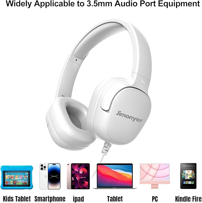 Kids Headphones for School, 3.5mm Jack Wired Headphones for Kids with Safe Volume Limiter, HD Stereo Sound On-Ear Girls Boys Toddler Headphone for Tablet, iPad, Kindle(Wihte)