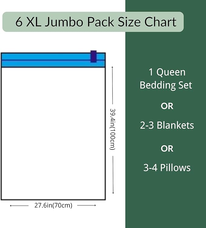 6 XL Jumbo Vacuum Storage Bags with Pump, Extra Large Compression Space Saver for Comforter, Duvet, Blanket, Bedding Storage, Vacuum Seal Bags for Clothing, Luggage Closet Organizer