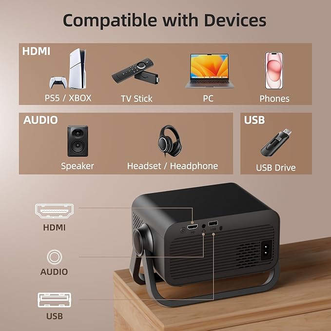 BKZ 2025 upgraded 360°Adjustable Dual Stand AI Auto Keystone Electric Focus Mini Portable Projector with Bluetooth 5.4, 1080P support Outdoor movie Projector compatible with HDMI/USB/Phone (Black)