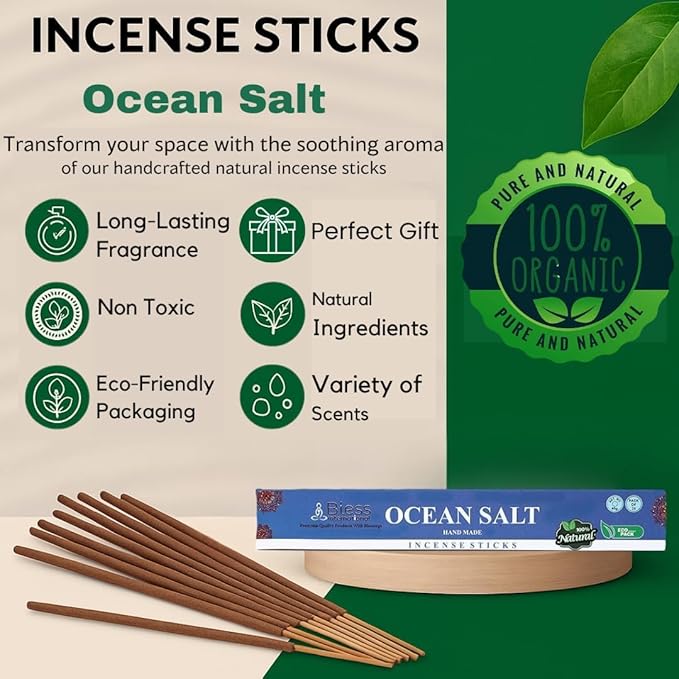 Bless-Ocean-Salt 100%-Natural-Handmade-Hand-Dipped-Incense-Sticks Organic-Chemicals-Charcoal-Free Purification-Relaxation-Positivity-Yoga-Meditation Best-Woods-Scent (100 Sticks(5.25 OZ))