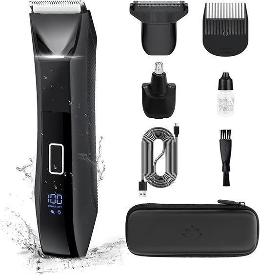 Body Trimmer for Men, Groin & Body Hair Trimmer, Ball Foil Shaver, Nose Hair Clippers, 3 in 1 Men's Waterproof Wet/Dry Groomer with Travel Case &Travel Lock, LED Display, Black