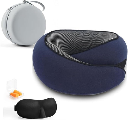 Neck Pillow Set for Travel, Flight, or Car (Incl. Sleep-mask, Ear-Plug) (Navy Color)