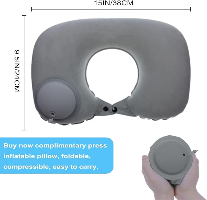 Inflatable Travel Pillow,U-Shaped JYSW Portable Airplane Pillow Multifunctional Neck and Head Support Lap Pillow for Airplanes Trains Buses and Office Napping with Eye Mask, Earplugs, Grey