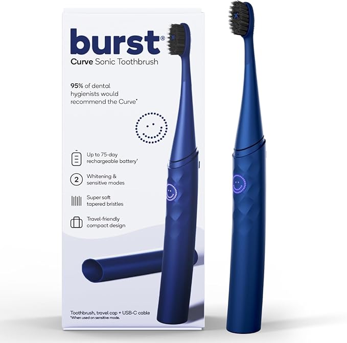Burst Curve Sonic Electric Toothbrush for Adults (Cobalt Blue) | Slim Travel Brush with Cover | Ultra Soft Bristles | Up to 2 Month Rechargeable Battery | Two Modes & Timer