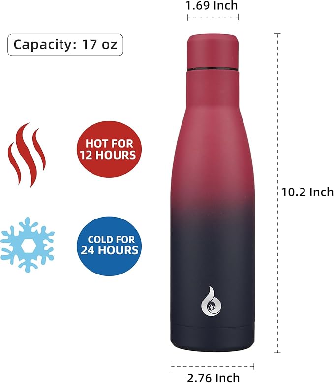 BJPKPK Insulated Water Bottle 17oz Stainless Steel Water Bottles Diashwasher Safe Reusable Metal Thermal Keep Cold and Hot,Charming Black Red