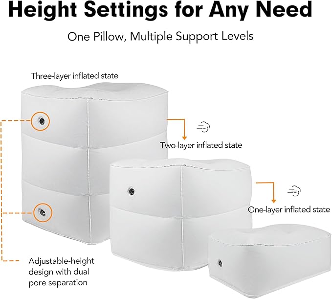 Inflatable Foot Rest Pillow for Travel, Adjustable 3 Layers Height Cushion Kids/Adults Airplane Travel Pillow, Suitable for Office, Home, Trains, Cars - White