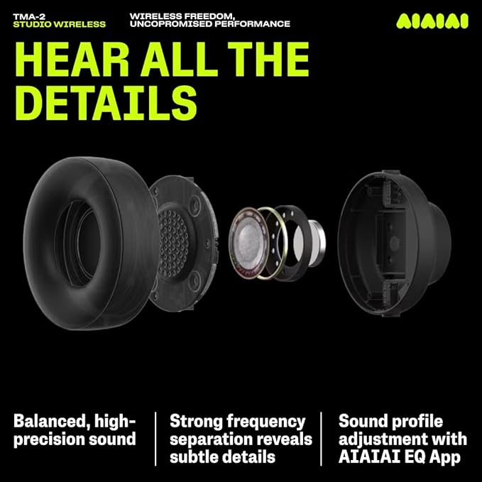 Aiaiai TMA-2 Professional Studio Wireless Headphones, Ultra Low Latency W+ Link, Modular with 40mm Bio-Cellulose Drivers, 20–40H Battery, Memory Foam Ear Pads, and Bluetooth