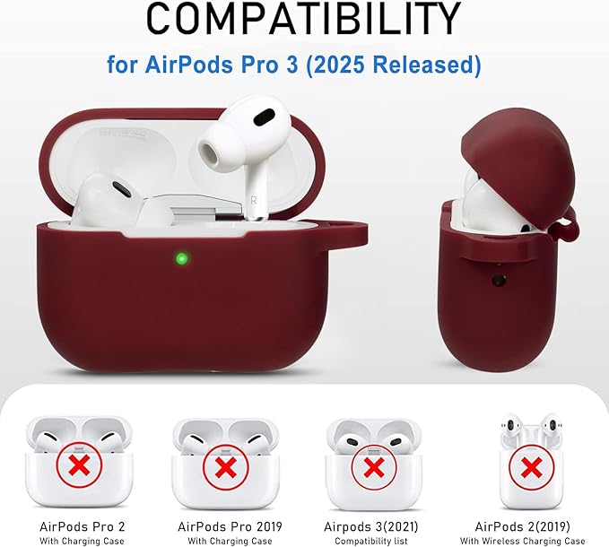 Case for Apple Airpods Pro 3 (2025) - VOTILE Airpods Pro 3 Cases Cover Women Silicone iPods Pro 3 Earbuds Wireless Accessorie Charging Cases Girl Bling Keychain for Airpod iPods Pro 3 - Burgundy