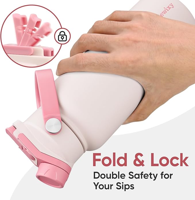 32 oz Insulated Water Bottle, 2-in-1 Lid, Straw & Spout with Protected, Leak Proof, Keep Cold, Stainless Steel, Metal, Reusable, Handle, for Outdoor, Gym and School, 2 Lids, Pale Pink