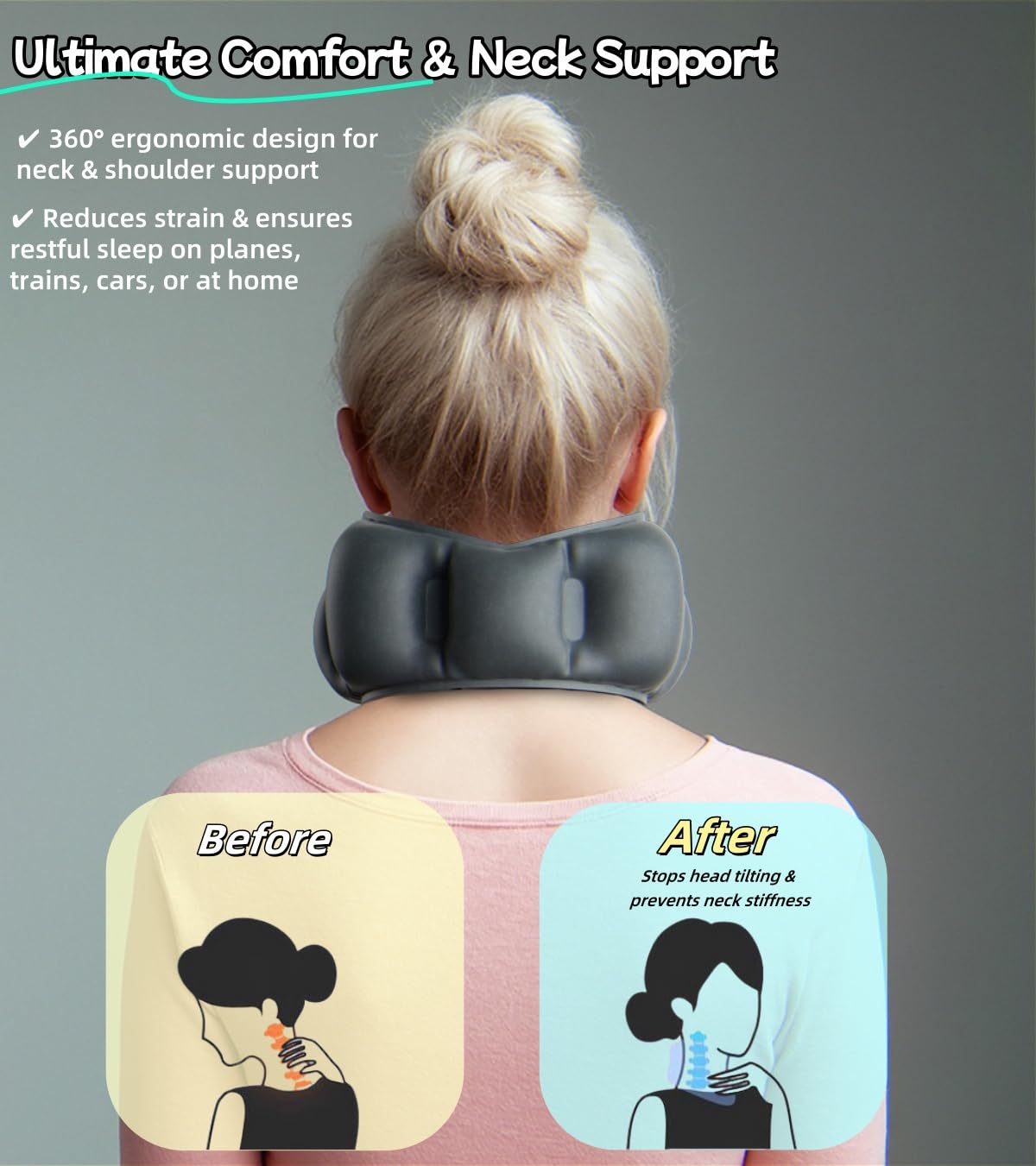 NQQNQQ J-10 Inflatable U-Shaped Travel Pillow, Compact Neck Support Cushion for Airplane, 3D Ergonomic Design, 5s Fast Inflation, Portable Neck Rest for Sleeping & Travel. (Gray)