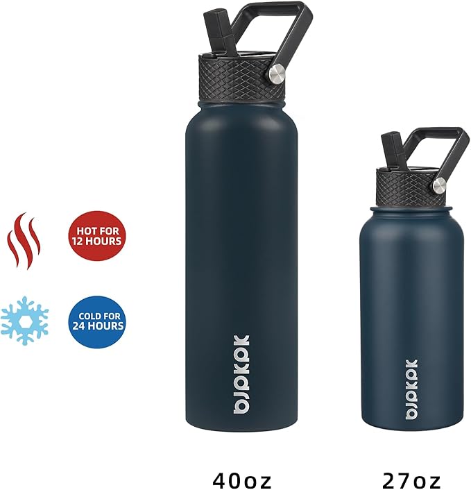 BJPKPK Insulated Water Bottles with Straw Lid, 40oz Stainless Steel Water Bottles with 3 Lids, BPA Free Leakproof Thermo, Tumblers, Cups for Sports, Gym- Navy Blue