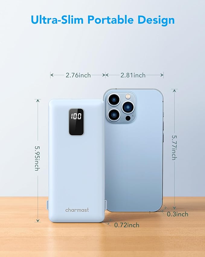 charmast Portable Charger with Built-in Cables & Wall Plug, 10000mAh Portable Power Bank, External Battery Pack Travel Essentials Compatible with iPhone 16/15/14/13, Samsung, iPad etc