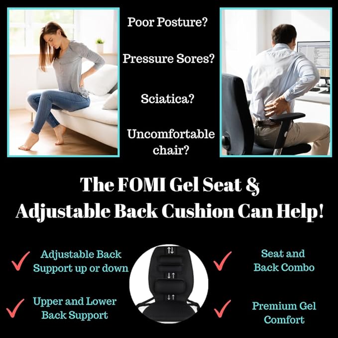FOMI Gel Seat Cushion and Adjustable Back Support | Lumbar Pillow Flexible Placement for Upper Lower Thoracic, Coccyx, Pressure Sore Pain Relief | for Car, Office Chair, Gaming, Stadium | Posture Aid