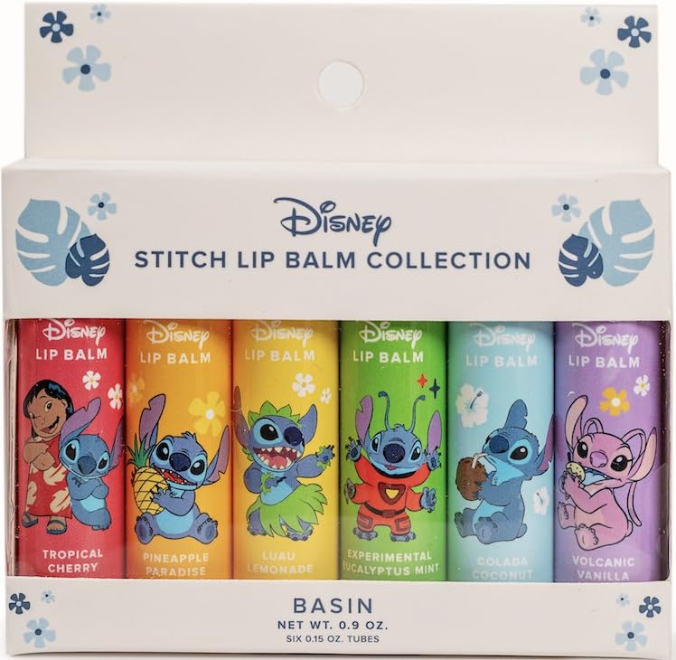 Basin Disney Stitch Lip Balm Collection | 6 Pack Tropical Flavors (Pineapple Paradise, Colada Coconut & More) | Organic Island-Inspired Gift Set, Official Disney, Made in USA