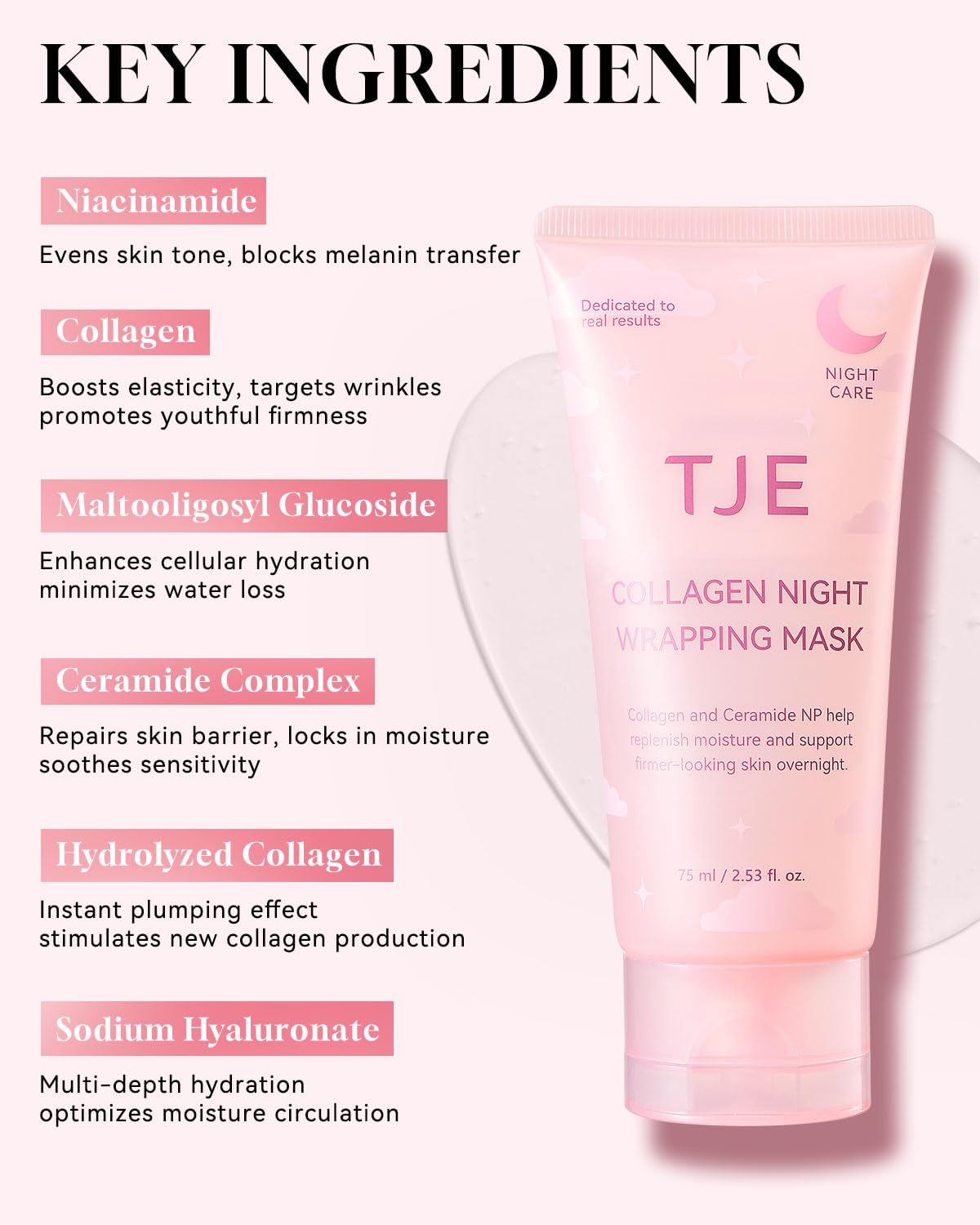 TJE Collagen Night Wrapping Mask, Collagen Peel Off Face Mask with Nicotinamide, Elasticity & Hydration Care, Reduces Sagging & Dullness - 2.53 fl oz