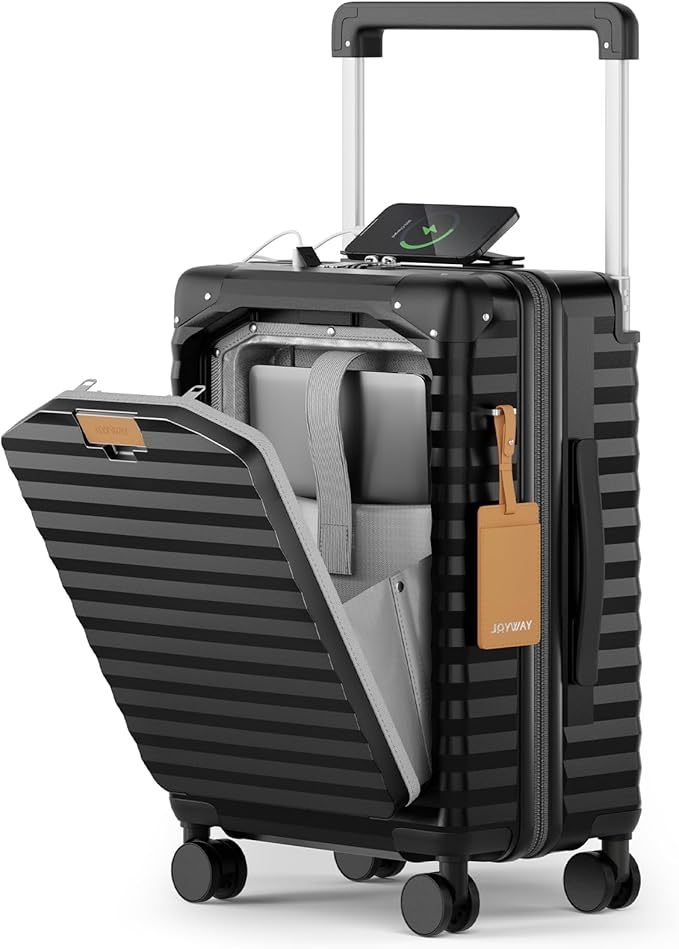 Joyway 20 Inch Carry on Luggage with Front Pocket, PC Hardshell Carry-on Suitcase with USB Port and Cup Holder, 21.5x14.2x9 Airline Approved, Luggage with Spinner Wheels and TSA Lock (Black)