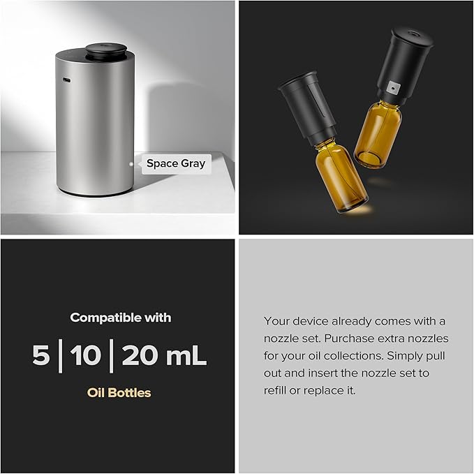 Waterless Essential Oil Diffuser Starter Kit with 4 x 10mL Fragrance Scent Oil, Battery Operated Mini Scent Air Machine Portable Diffuser for Home Car Office, ANX Titanium Kit01