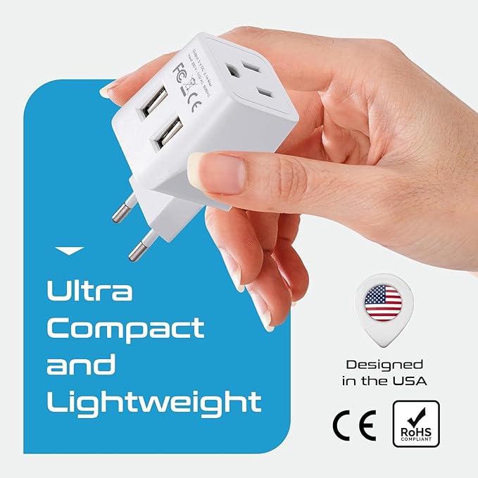 Ceptics European, Egypt Travel Adapter Plug with Dual USB - Type C - Europe - Usa Input - Light Weight - Perfect for Cell Phones, Chargers, Cameras and More - 2 Pack