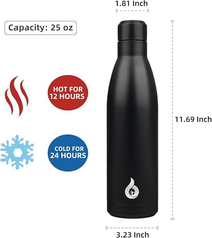 BJPKPK 25oz Insulated Stainless Steel Water Bottles Reusable Metal Travel Sports Water Bottle Keep Cold and Hot,Midnight Black