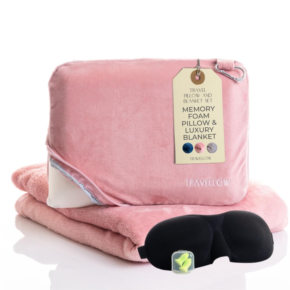 Travellow Travel Pillow and Blanket Set - 4-in-1 Ultimate Travel Kit with Memory Foam Pillow, Travel Blanket, Sleep Mask, and Earplugs-Ultimate Comfort and Coziness for Your Journeys - Pink