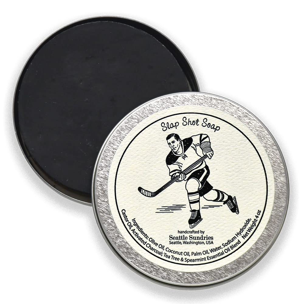 Seattle Sundries Slap Shot Hockey Puck Soap, Hockey Gift Idea 1 (4oz) Bar of Odor Fighting Activated Charcoal Soap in a Retro Gift Tin, Natural and Handmade