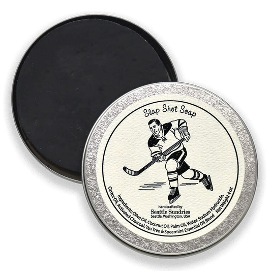 Seattle Sundries Slap Shot Hockey Puck Soap, Hockey Gift Idea 1 (4oz) Bar of Odor Fighting Activated Charcoal Soap in a Retro Gift Tin, Natural and Handmade