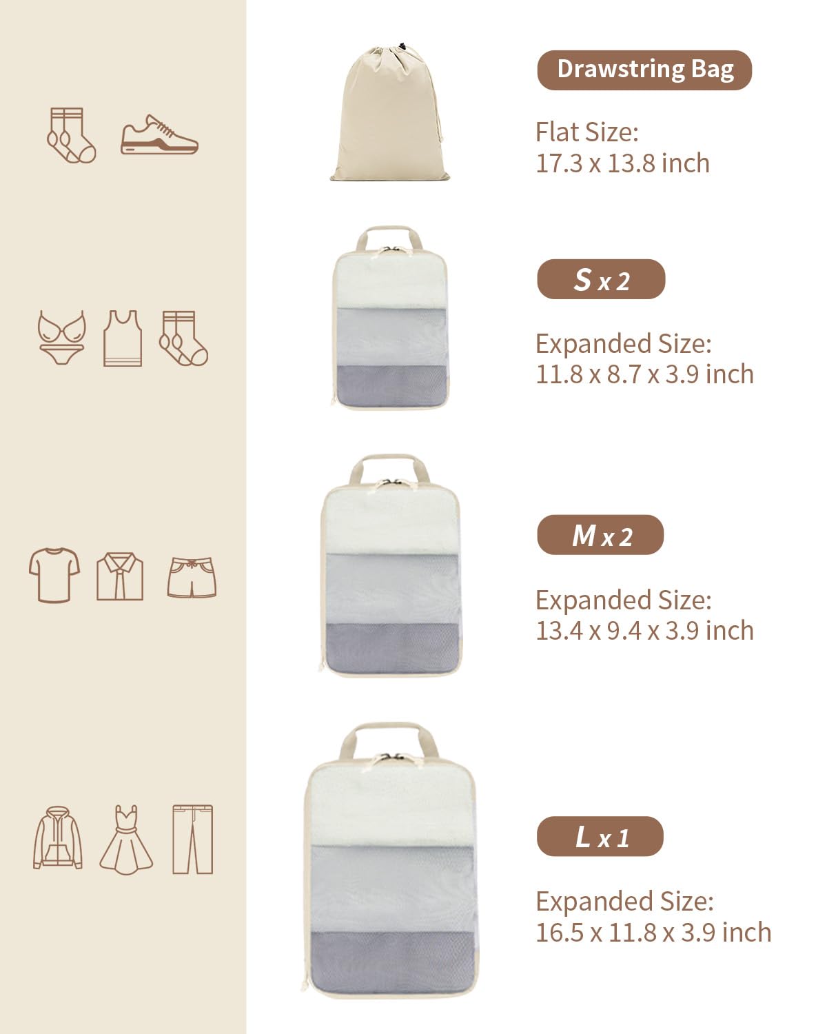 ECOHUB 6 Set Compression Packing Cubes, Lightweight Beach Vacation Travel Essentials Durable Travel Accessories for Suitcase Carry On Luggage Organizer Bags with YKK Zippers Shoe Bag, Beige