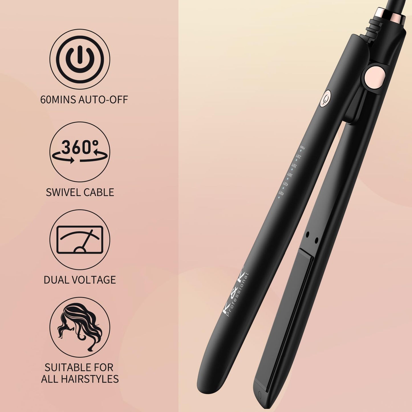 K&K 1 inch Flat Iron 2 in 1 Curler Tourmaline Titanium Hair Straightener 1 inch Plate 4D 360°Swivel LED Display for Woman Short Hair Adjustable Temperature Dual Voltage 110v-220v Auto Shut Off