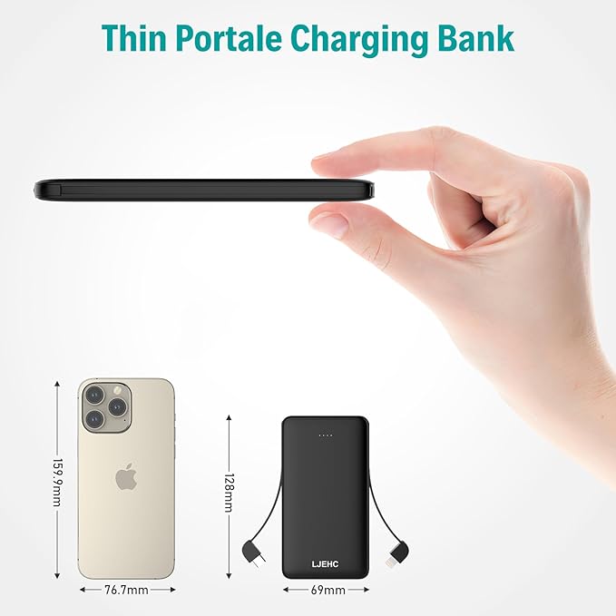 10000mAh Slim Power Bank with Built in Cable,Thin Lightweight Portable Phone Charger,4 Output USB C Travel Essentials External Battery Pack Clutch Charger for iPhone,Samsung,Android,Heated Vest,Black