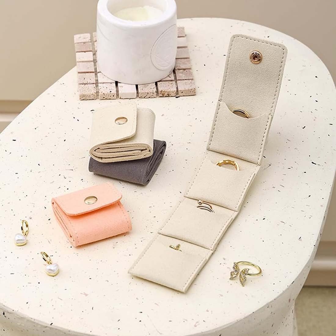 Mini Travel Jewelry Bag, Travel Jewelry Organizer Case Foldable Jewelry Roll for Journey Rings, Necklaces, Earrings, Bracelets,Mini Travel Jewelry Roll Bag with Buckle, (2pcs)