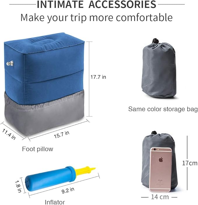 ZIQIAN Inflatable Travel Foot Rest Pillow Portable Adjustable Three Layers Height Foot Stool for Airplanes, Cars, Home, Trains, Office to Lay Down or Sleep on Long Flights with Pump（Blue 1PACK）