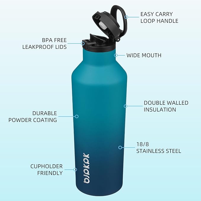 BJPKPK Insulated Water Bottle With Straw 25oz Stainless Steel Water Bottles With 2 Lids And Carry Handle Reusable Travel Metal Thermo,Indigo Black