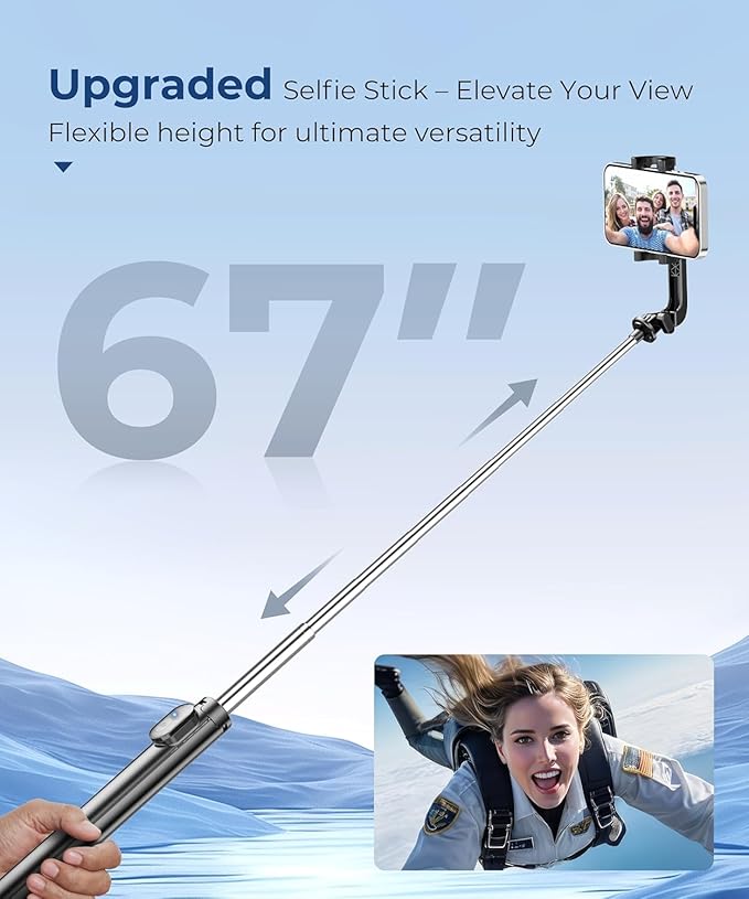 67‘’ Selfie Stick Travel Tripod, Extendable Tripod for iPhone with Wireless Remote Control and Phone Holder, iPhone Stand for Photograph, Compatible with All Cell Phones, Black