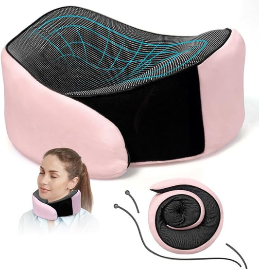 Travel Neck Pillow Airplane, Travel Pillow for Sleeping, Chin Support Flight Pillows, Ergonomic Design Memory Foam Pillows for Car, Soft Neck Surround Pillow (Pink)