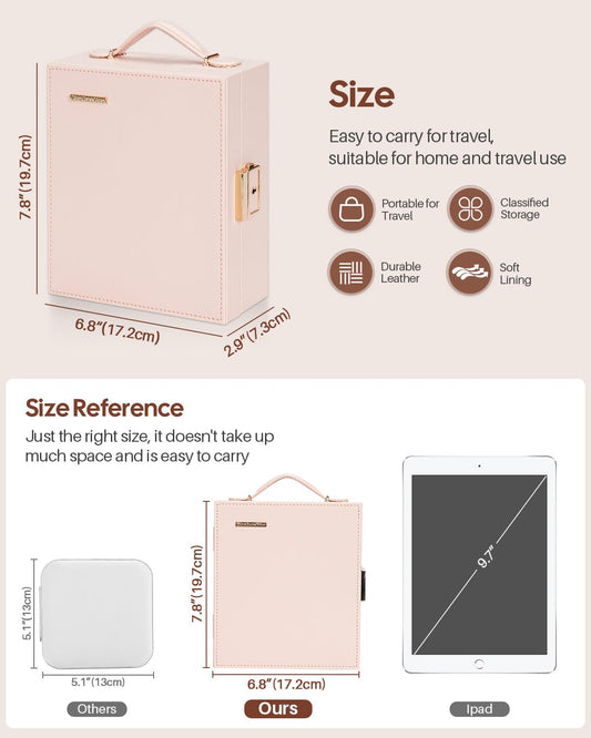 Enthralite Travel Jewelry Case, Essentials for vacation, Portable Bangle Box with Mirror, PU Leather Small Watch Organizer for Rings, Earrings, Necklaces, Bracelets (Light Pink)