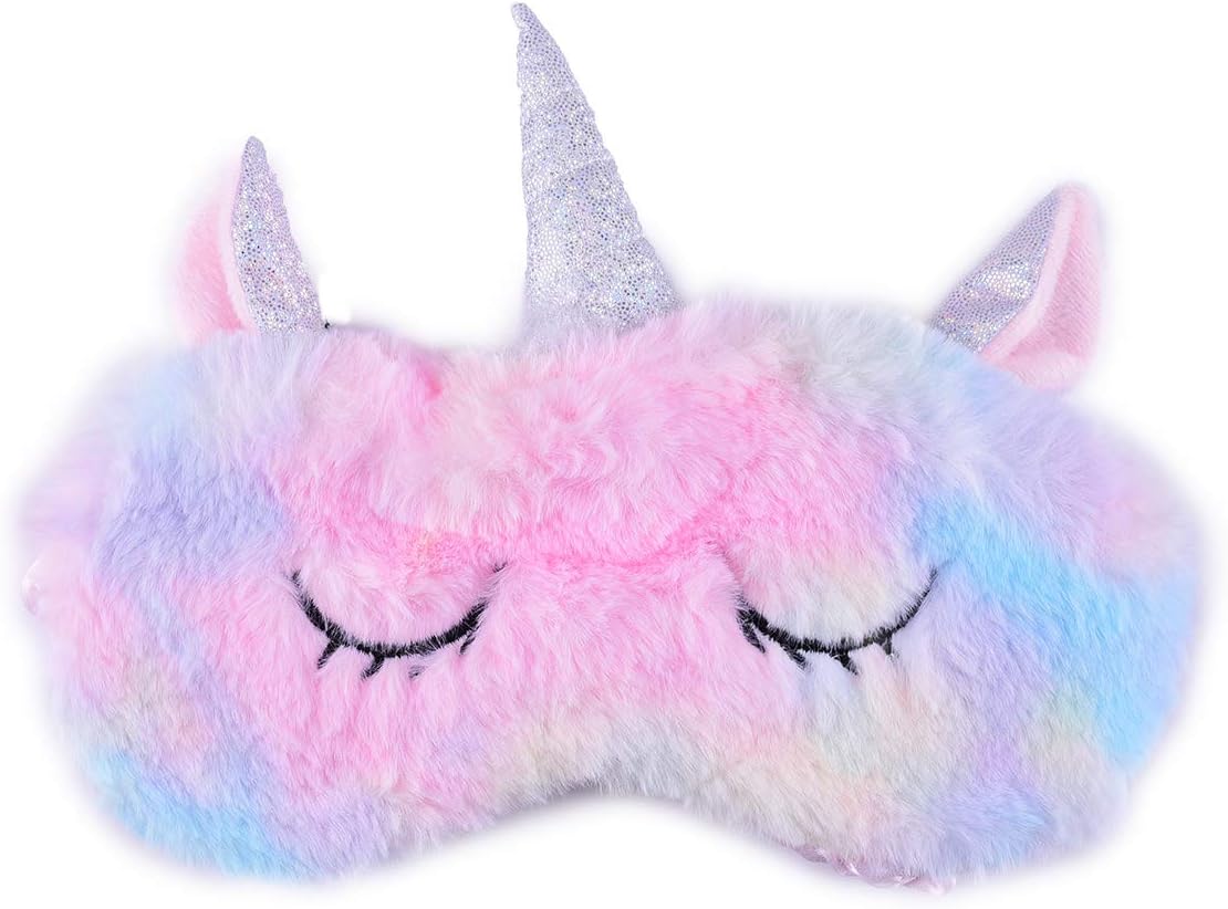 Ulbemoll Cute Unicorn Sleeping Mask, Soft Fluffy Plush Blindfold Funny Novelty Animal Sleep Mask Eye Cover Eyeshade for Kids Girls Boys Women Men Night Nap Travel Meditation (Rainbow, Unicorn)