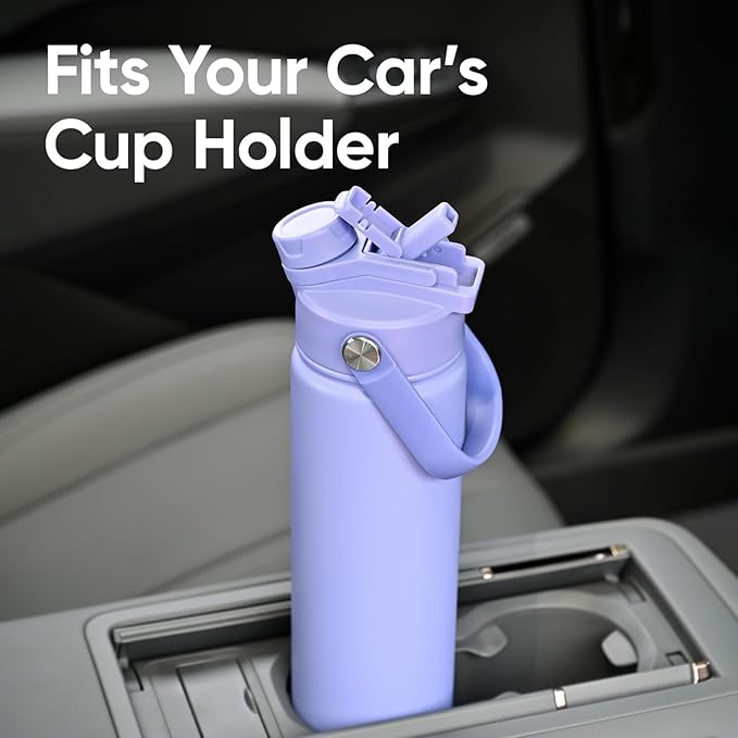 24 oz Insulated Water Bottle, 2-in-1 Lid, Straw & Spout with Protected, Leak Proof, Keep Cold, Stainless Steel, Metal, Reusable, Handle, for Travel, Gym and School, 2 Lids, Aurora Blue