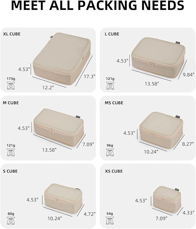 Compression Cubes for Travel, XL/L/M/S Luggage Organizers (6 Set, Classic Khaki)
