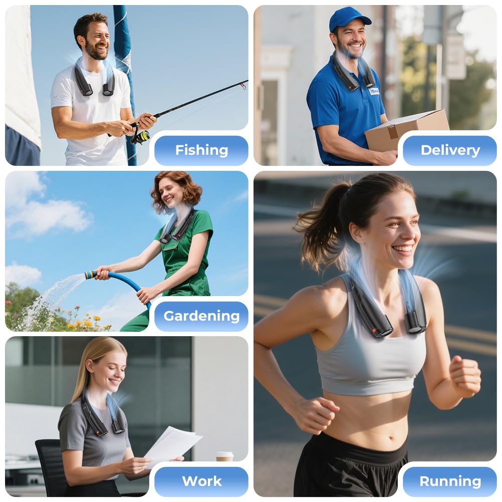 VOSFEEL Outdoor Neck Fan 8000RPM Hurricane Wind, Portable Personal Fan Rechargeable, Proven Battery 20Hrs, 6 Adjustable Cooling Speeds, 360° Airflow, Hands-Free Wearable Fan for Camping Travel, Black