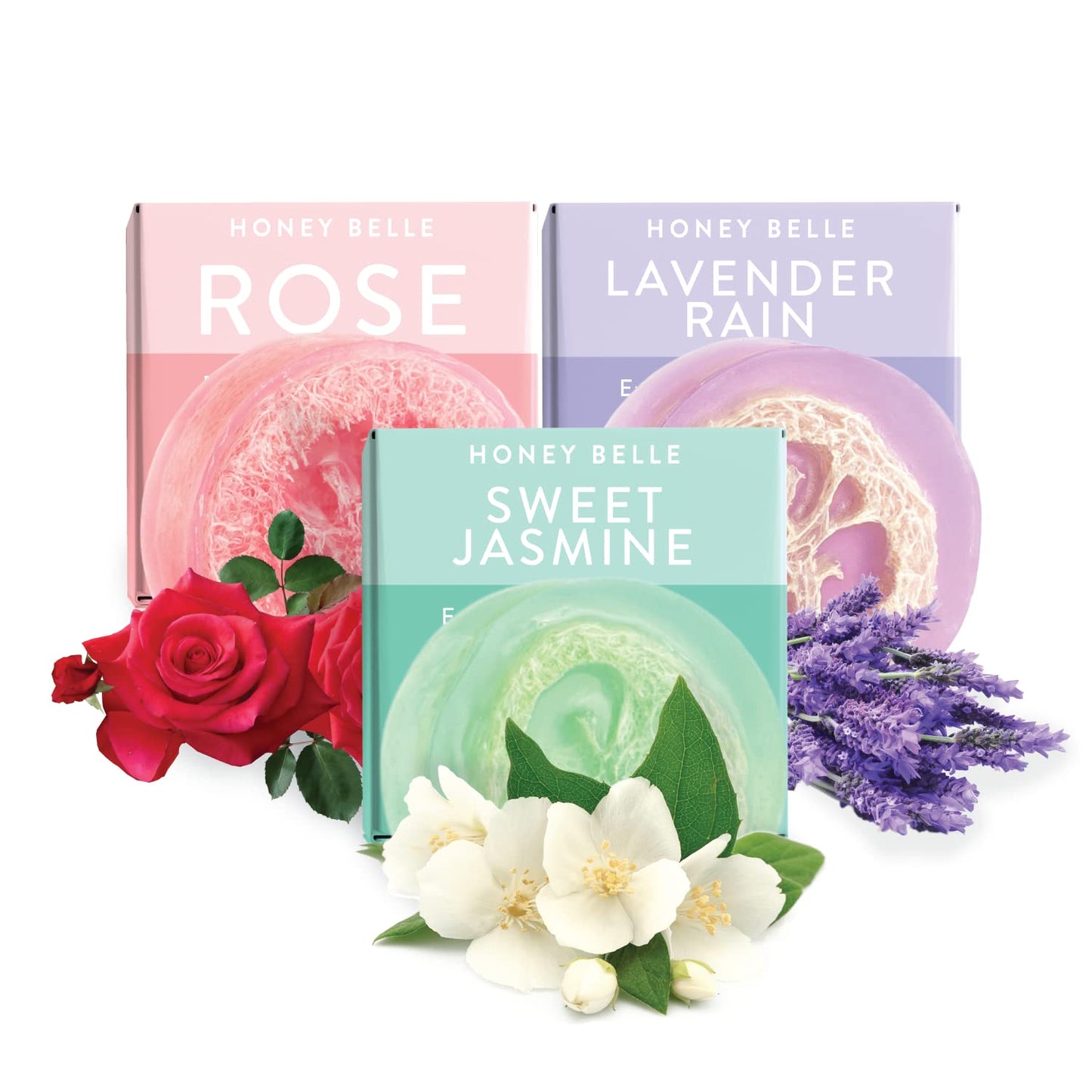 Honey Belle Exfoliating Loofah Soap 3-Pack Floral - Exfoliating Bar Soap with Loofah Inside - Cleansing, Moisturizing, Nourishing, Scrubby Soap - Plant-Based, Eco-Friendly, Vegan, Cruelty-Free