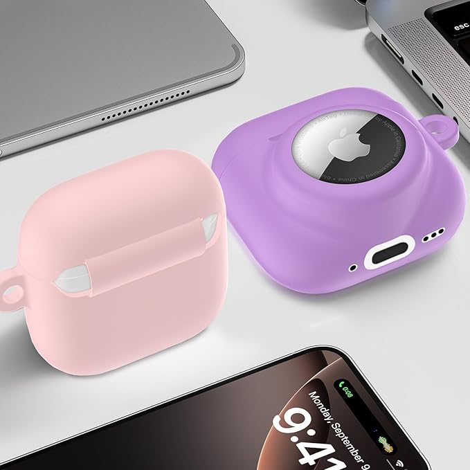 2 in 1 Silicone Case Compatible with AirPod 4 and AirTag, Shockproof Protective Skin Cover for AirPods 4th Generation with Cleaner Kit & Carabiner (Purple)