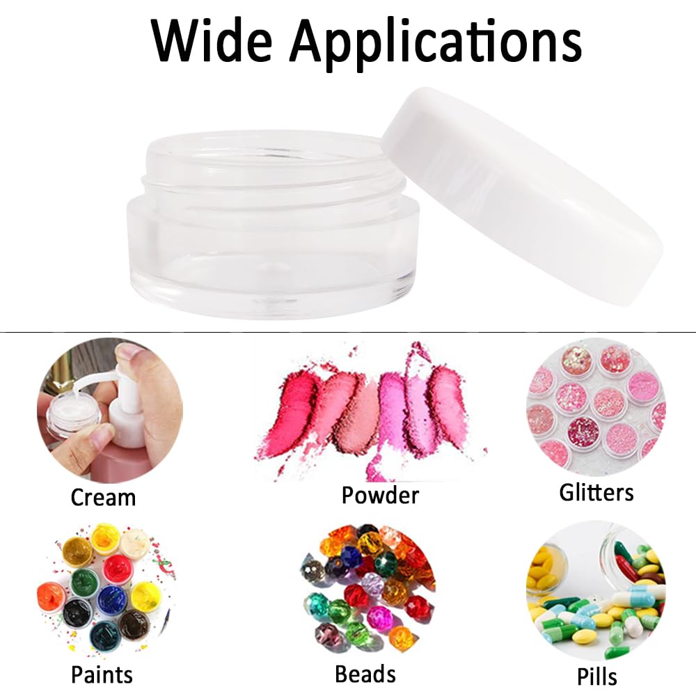 Wopanxye 20pcs 5g Small Travel Sample Cosmetic Containers for Make-up Eye Shadow Nails Lotion Powder Gems Beads Jewelry Cream, 5ml Clear Round Pot Jars with White Lid， Mini 5ml Plastic Sample Jars