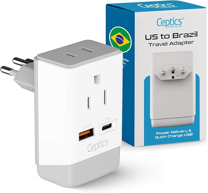 Ceptics Brazil Rio Power Plug Adapter Travel QC 3.0 & PD, Safe Dual USB & USB-C - 2 USA Socket Compact & Powerful - Supports Quick Charge 3.0 & Power Delivery - Type N AP-11C - Fast Charging