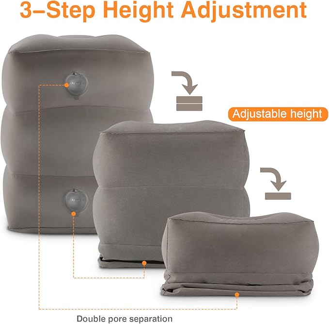 Maliton Inflatable Foot Rest Pillow for Travel,Kids Airplane Bed,Adjustable 3 Layers Height Leg Pillow of Air Travel Essentials,Car, Office, Home - Fast Inflation (Grey)