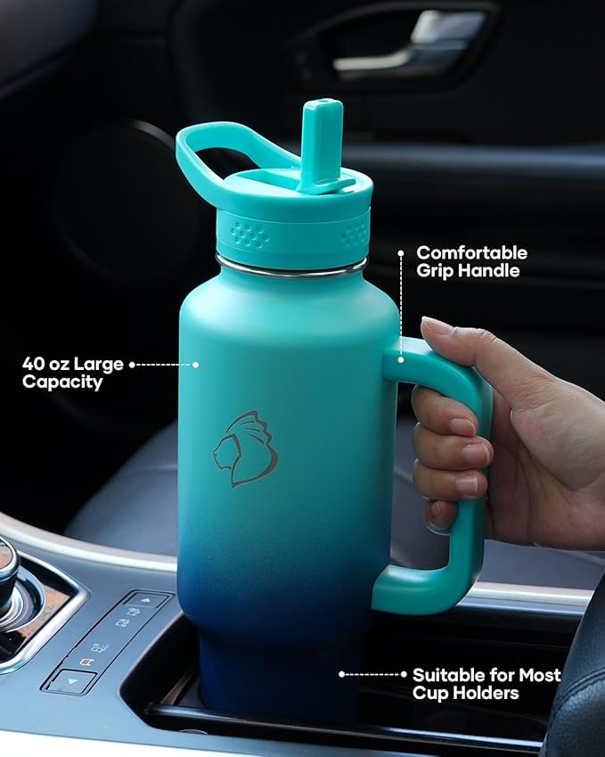 BUZIO Stainless Steel Water Bottle Fits in Cup Holder with Straw Spout Lid, 40 oz Insulated Tumbler with Handle, Double Wall Travel Mug Keep Cold 48hrs Hot 24hrs, Caribbean Blue